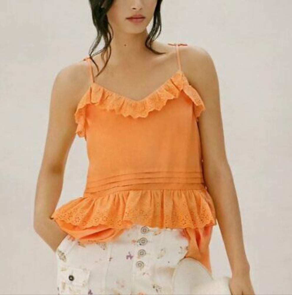 Anthropologie eyelet ruffle adjustable straps tank top, small, orange